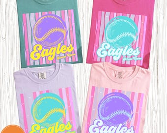 Custom Mascot Comfort Colors Shirt, Pink Striped Floral Game Day Tee, Vintage School Spirit Graphic T-shirt, Baseball Season Gift for Mom