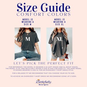 The image is a size guide for a model wearing a gray t-shirt with the letter "M" and an "XL" (right image) on it. The guide provides recommendations for choosing the perfect fit based on the model's size and the type of t-shirt being worn.