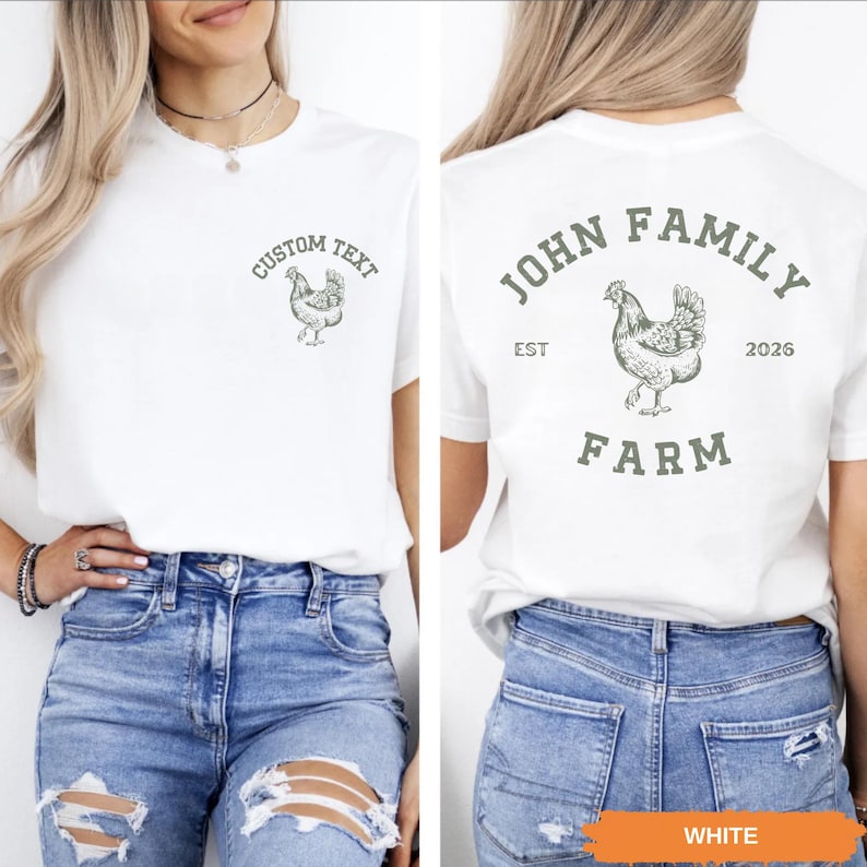 A woman wearing a white t-shirt with a graphic of a chicken and the text "John Family Farm" printed on it.