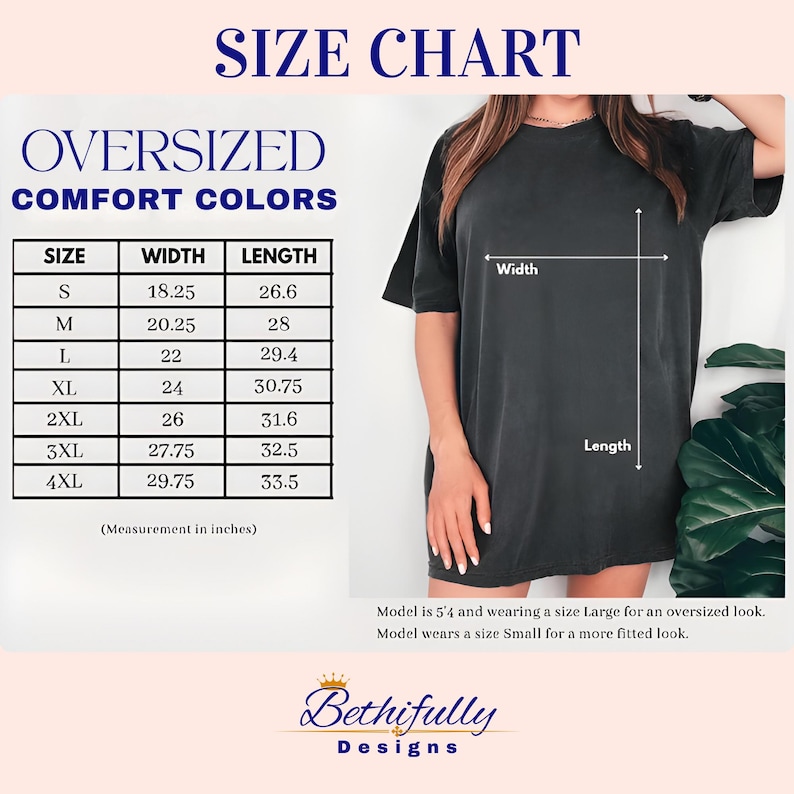 The image is a size chart for oversized comfort colors, showing the measurements for different sizes of a dress.