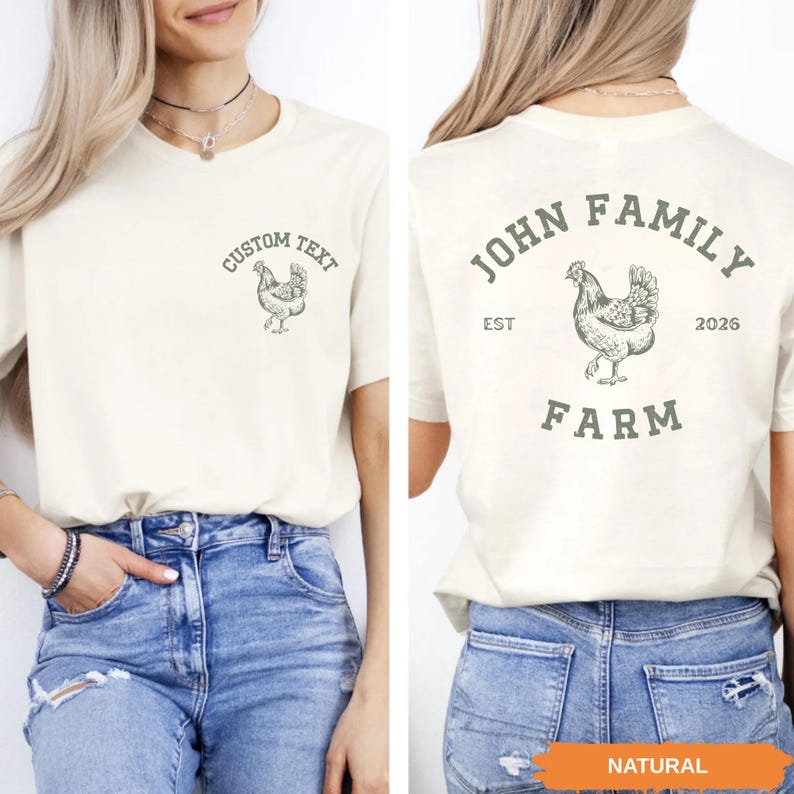A woman wearing a white t-shirt with a graphic of a chicken and the text "John Family Farm" printed on it.