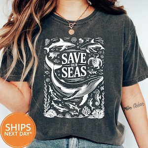 Save Our Oceans Comfort Colors Tee, Cute Sea Creatures Shirt, Y2K Baby T-shirt, 90s Coquette Graphic Tee, Trendy Shark Graphic Apparel Tee