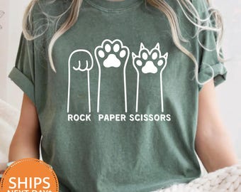 Rock Paper Scissors T-Shirt, Funny Paw Comfort Colors, Cat Lover Game Tee, Animal Humor Gift