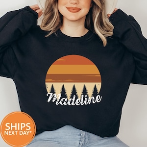 Retro Forest Sunset With Custom Name Sweatshirt, Camping Hoodie, Hiking Nature Crewneck, Mountain Lover Pullover, Outdoor Adventure Gift Top
