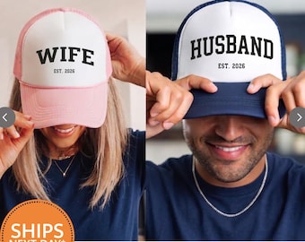 Casquette trucker personnalisée Wifey Hubby en mousse, casquettes couple assorties, snapback personnalisé Mr et Mme, cadeau d'anniversaire, chapeau EVJF pour mariage