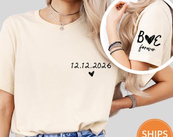 Custom Date Shirt, Personalized Couple Initial Sleeve Comfort Colors Tee, Matching Anniversary T-Shirt, Minimalist Wedding Gift