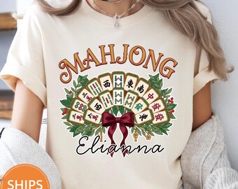 Custom Mahjong Shirt, Floral Tile Game Night Graphic Comfort Colors Tee, Coquette Bow Mahj Club T-Shirt, Personalized Player Gift Her
