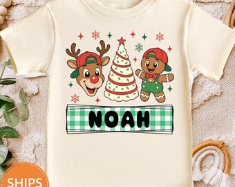 Custom Name Kids Christmas Shirt, Personalized Toddler Holiday Tee, Youth Winter Graphic T-Shirt, Family Xmas Photo Outfit