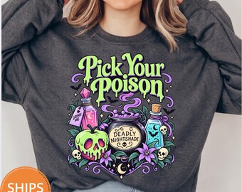 Pick Your Poison Sweatshirt, Vintage Halloween Potion Crewneck, Retro Poison Apple Pullover, Spooky Season Witchy Fleece Fall Hoodie