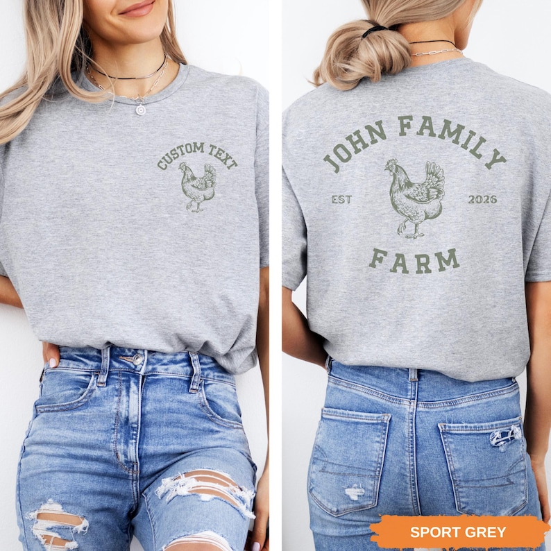 A woman wearing a grey t-shirt with a graphic of a chicken and the text "John Family Farm" printed on the back.