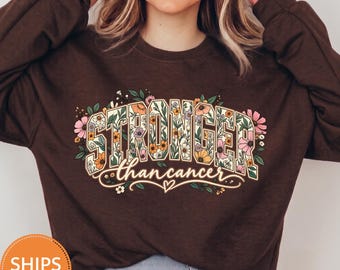 Floral Cancer Warrior Sweatshirt, Stronger Than Cancer Survivor Crewneck, Botanical Ribbon Pullover, Breast Cancer Support Hoodie