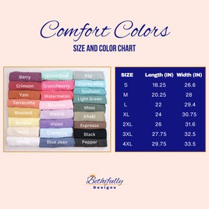 The image is a size and color chart that provides the dimensions and corresponding colors for various t-shirt styles.
