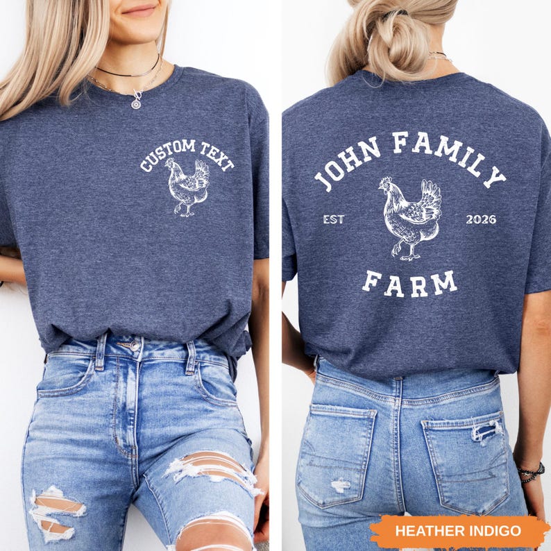 A woman wearing a blue t-shirt with a graphic of a chicken and the text "Custom Text" and "John Family Farm" printed on it.
