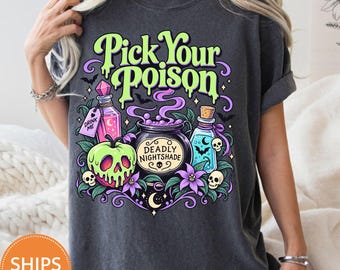 Pick Your Poison Shirt, Vintage Halloween Potion Comfort Colors Tee, Retro Poison Apple Graphic T-Shirt, Spooky Season Witchy Gift for Her