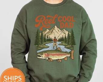 Reel Cool Dad Sweatshirt, Funny Fishing Dad Crewneck, Vintage Fisherman Graphic Hoodie, Outdoor Father Gift, Angler Pullover
