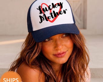 Lucky Mother Trucker Hat, Foam Mesh Snapback Cap with Heart, Mama Baseball Cap, Casual Mother's Day Gift for Mom