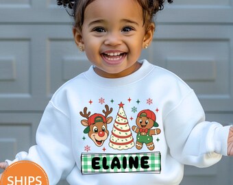 Custom Name Kids Christmas Sweatshirt, Personalized Toddler Holiday Crewneck, Youth Cozy Crewneck Pullover, Family Xmas Photo Outfit