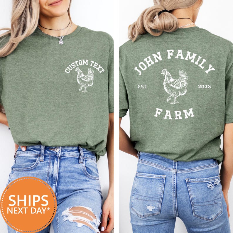A woman wearing a green t-shirt with a white graphic of a chicken and the text "John Family Farm" printed on the back.
