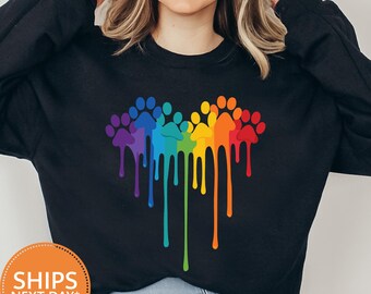 Colorful Dog Paw Heart Sweatshirt, Cute Pet Owner Hoodie, Fur Mom Crewneck, Rainbow Graphic Pullover