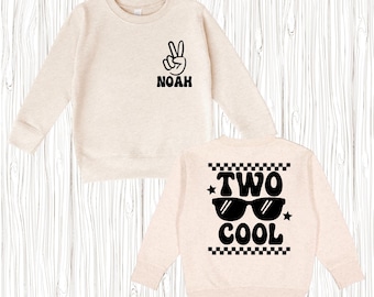Two Cool Birthday Sweatshirt, Custom Name 2nd Birthday Boy Crewneck, Toddler Party Outfit, Retro Kids Pullover
