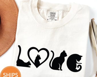 Love Cat T-shirt, Black Cat Mom Comfort Colors, Cat Lover Gift, Cute Love Shirt