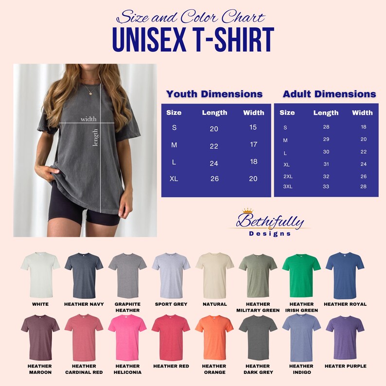 The image is a size and color chart for a unisex t-shirt, displaying various sizes and colors along with corresponding measurements.