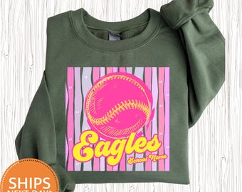 Custom Mascot Game Day Sweatshirt, Pink Striped Floral School Spirit Hoodie, Vintage Sports Pullover, Baseball Mom Crewneck