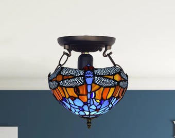Tiffany Dragonfly Style Ceiling Lamp 10 inch Multicolored Stained Glass Shade For Bedroom Living Room