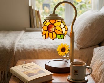 Sunflower Candle Warmer Lamp Tiffany Style Adjustable Height with Timer and Dimmer Wood Base