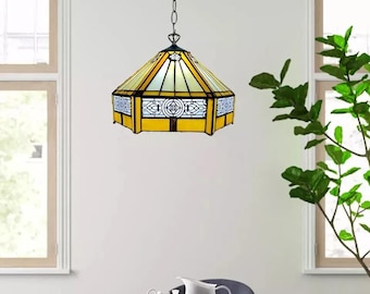 Pendent Lamp Tiffany 10 Inch Yellow Hexagon Stained Glass Shade Antique Style