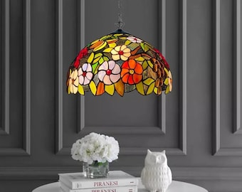 Tiffany Pendant 16 inch Lamp Flowered Style Multicolor Stained Glass Shade UK