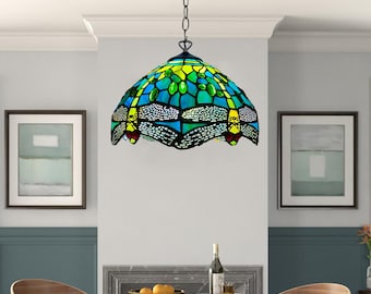 Stained Glass Pendant Lamp Beautiful Tiffany Style Green Dragonfly 10 inch Art For Bedroom Living room