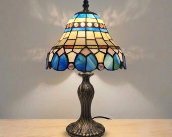 Vintage Stained Glass Tiffany Style Table Lamp Handcrafted 8 Inch Bedside Light Desk Lamp