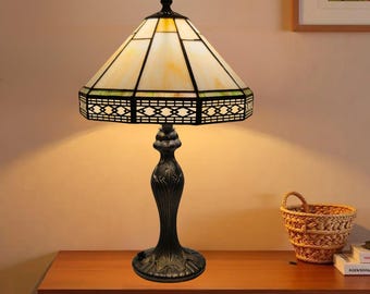 Vintage Tiffany Style Table Lamp Hexagonal Style 10 inch Stained Class Lampshade