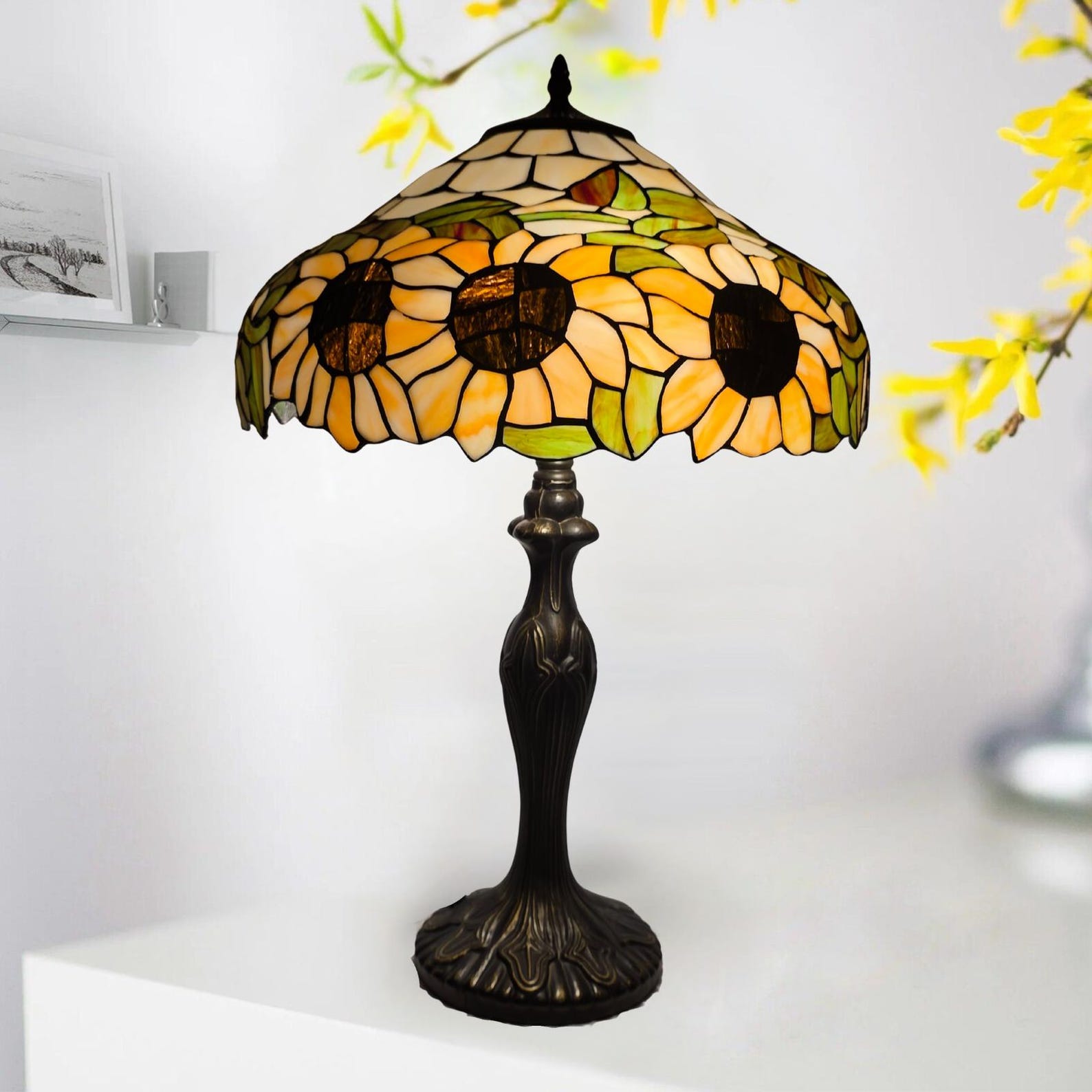 Sunflower Tiffany Style Table Lamp 16 Inch Handcrafted Bedside Stained Glass