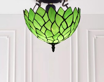10 inch Green Tiffany Style Ceiling Light Handmade Stained Glass Lampshade