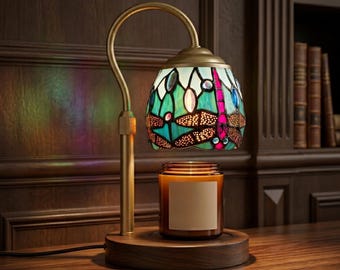 Calentador de velas Dragonfly estilo Tiffany, lámpara de altura ajustable con temporizador y regulador de intensidad, base de madera.