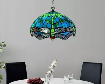16 inch Green Tiffany Dragonfly Pendant Lamp Stained Glass Shade Antique Style