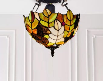 Tiffany Leaves Style Ceiling Light 10 inch Stained Glass Lampshade