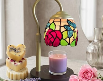 Tiffany Style Candle Warmer Lamp Adjustable Height with Timer, Dimmer, Wood Base