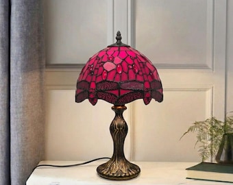 8 Inch Red Dragongfly Stained Glass Table Lamp Handcrafted Art Bedside Light Desk Lamp