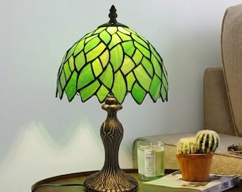 Stained Glass Tiffany Style Green Table Lamp Handcrafted 8 Inch Bedside Light Desk Lamp