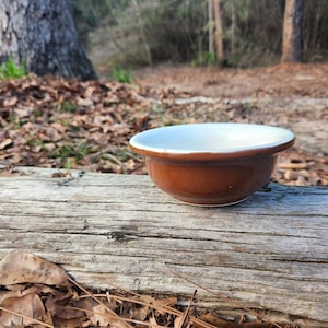 May include: A brown ceramic bowl with a white interior and a rounded rim. The bowl is set on a weathered wooden log, with a natural outdoor background of leaves and trees.