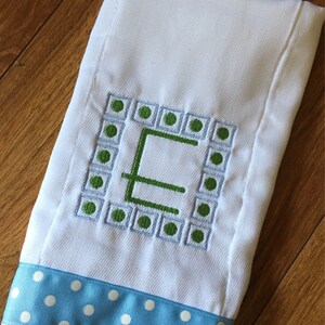 Embroidered Initial burp cloth, squares with dots initial burp cloth
