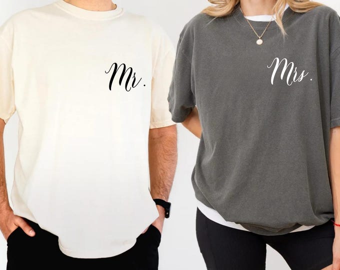 Custom Mr & Mrs Comfort Colors® T-shirt, Personalized Wifey And Hubby Shirt, Wedding Party Outfit, Honeymoon Clothing, Bride Groom Tee Gifts