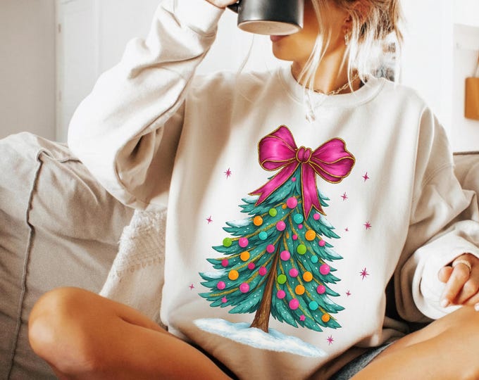 Christmas Tree Bow Shirt, Christmas Sweatshirt for Women, Christmas Tree Tshirt, Christmas Coquette Christmas Shirt