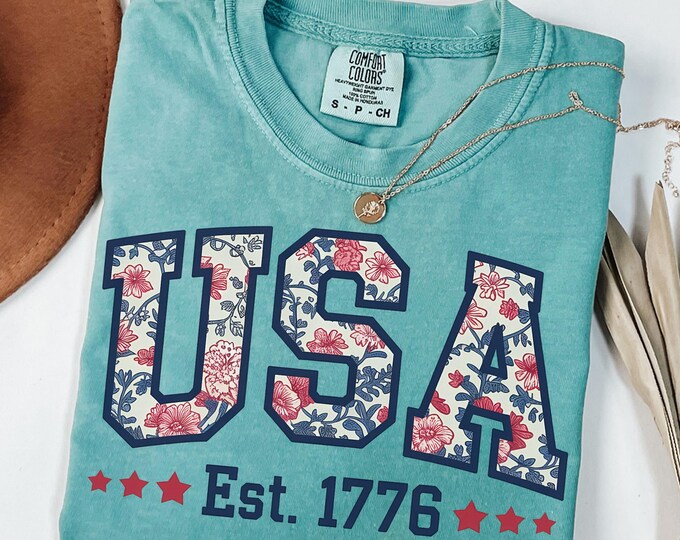 Comfort Colors Floral USA Shirt, American Girl Shirt, USA Est 1776 Shirt, Girly 4th of July Shirt, Patriotic Women Shirt, Flower USA Shirt