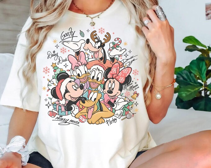 Disney Retro Mickey and Friends Christmas Lights Shirt, Mickey and Friends Signature Shirt, Mickey's Very Merry Christmas Party 2025 Shirt