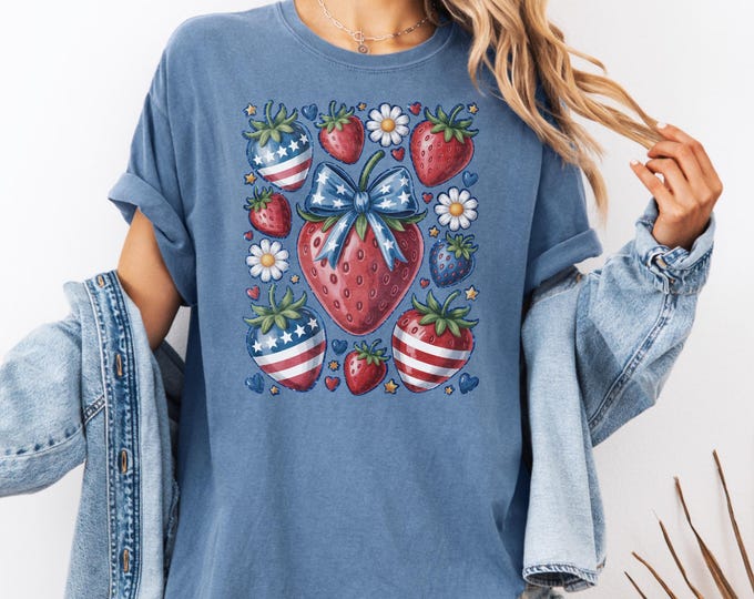 Patriotic Strawberry T-Shirt, 4th of July Strawberries Shirt, Fourth of July Shirt, Strawberry Flags Shirt, USA Summer Tee, Strawberry Tee