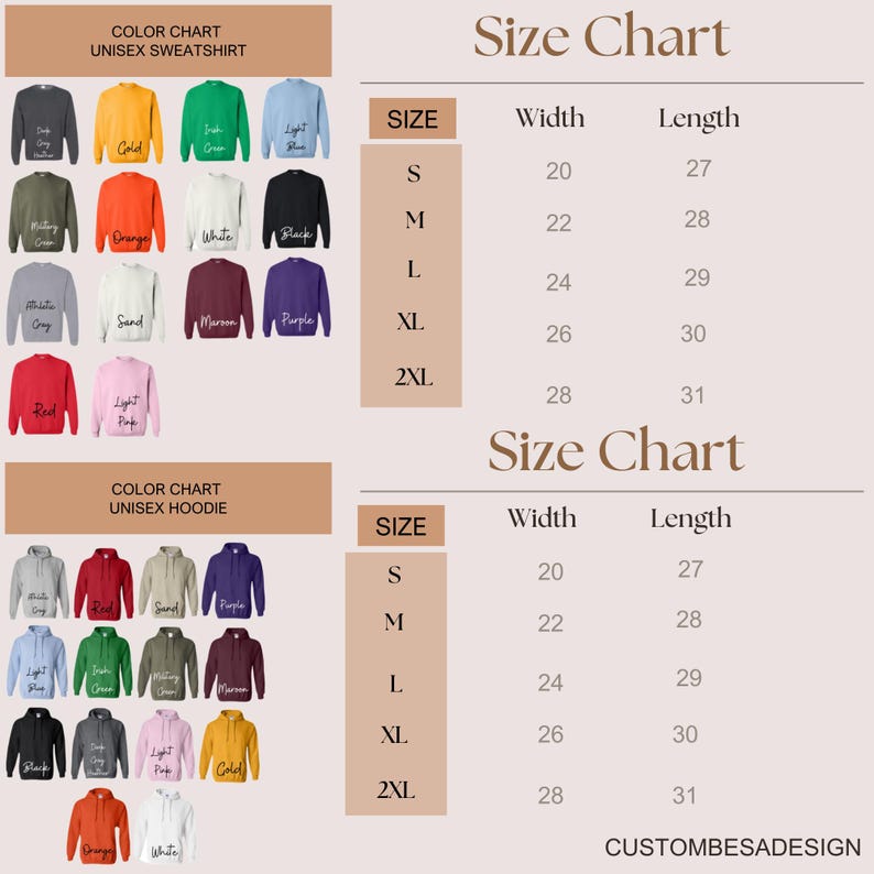 May include: A colour chart for unisex sweatshirts and hoodies, displaying colours such as black, gold, green, and red. Size charts are included, with measurements in inches for width and length, ranging from S to 2XL.